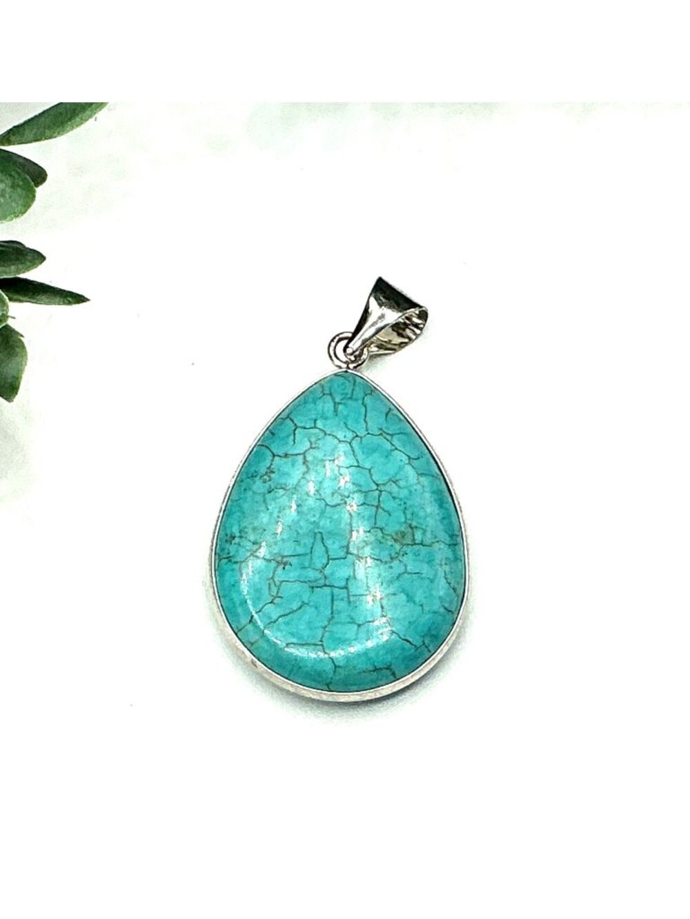 Teardrop Faux Turquoise Gemstone Pendant With Silver Plated Bail - Minimalist Je